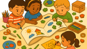 Imagen decorativa, niños y niñas alrededor de una mesa creando un cuento infinito