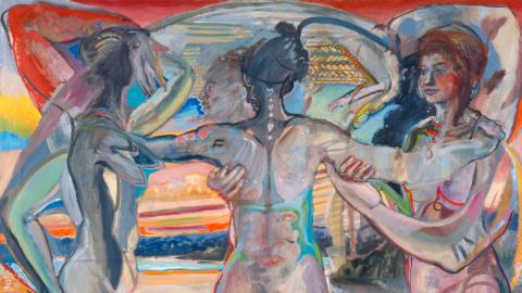 Dibujo cubista de tres mujeres desnudas en corro