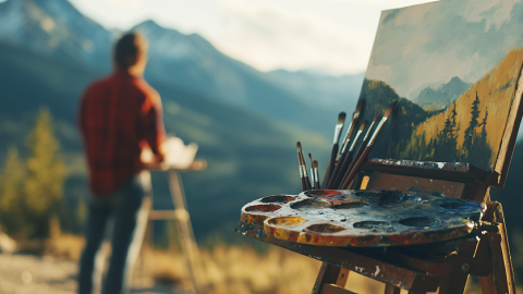 Cuadro al óleo de un paisaje y persona pintando en la montaña