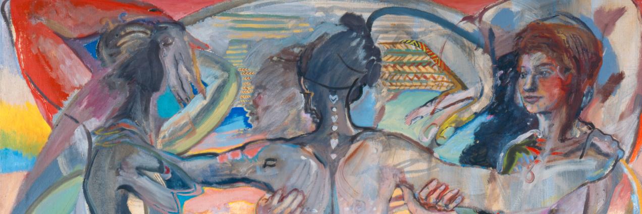 Dibujo cubista de tres mujeres desnudas en corro