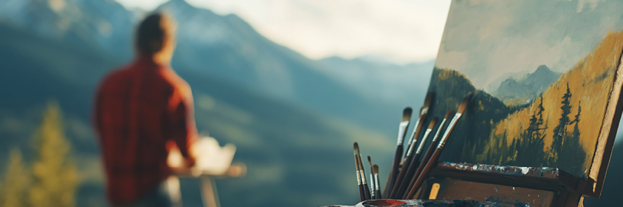 Cuadro al óleo de un paisaje y persona pintando en la montaña