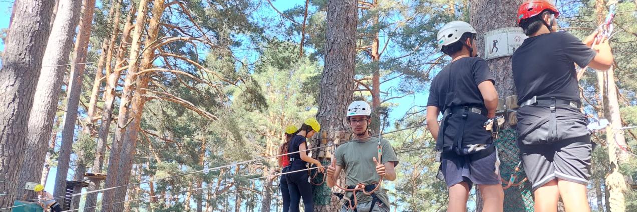 Jóvenes preparados para hacer tirolina en los árboles
