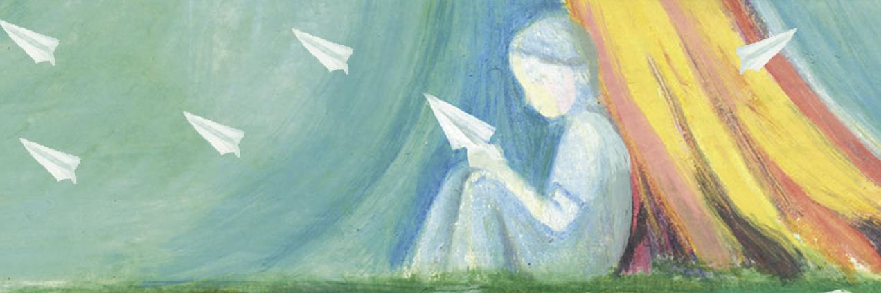 Imagen decorativa, niña leyendo bajo un árbol, aviones de papel, portada del libro Haikus para detener un tren