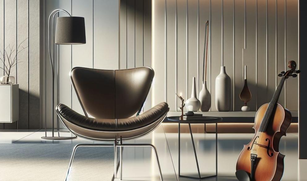 Espacio con una silla moderna y un viólín 