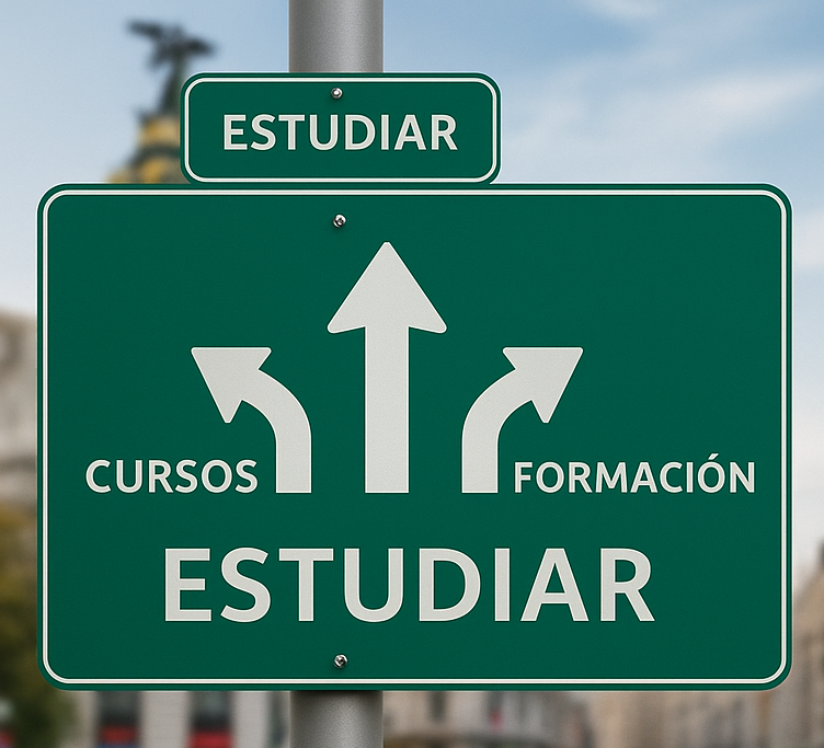 Cartel color verde que indica estudiar, cursos, becas y fondo de ciudad