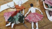 figuras recortables de papel con vestidos de tela