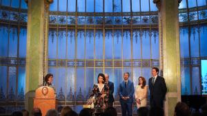 Fátima Matute y Miguel Ángel García en la toma de posesión de la nueva Junta de Gobierno del Colegio Oficial de Farmacéuticos de Madrid