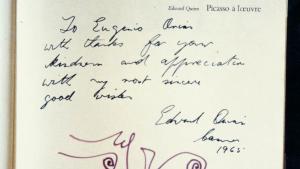 Dibujo de rostro masculino barbado Nº Inv. CE00015 © Pablo Picasso - Sucesión Picasso / VEGAP Madrid 2026 Dibujo de un rostro a base de trazos y texto escrito sobre él