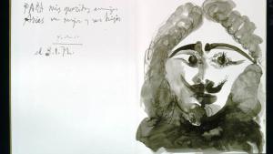 Dibujo con rostro de mosquetero Nº Inv. CE00016 © Pablo Picasso - Sucesión Picasso / VEGAP Madrid 2026 Dibujo de un personaje con bigote y vestido de negro