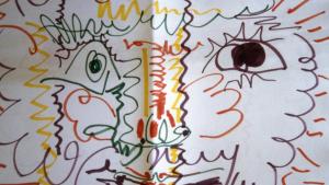 Dibujo del libro Trozo de piel Nº Inv. CE00018 © Pablo Picasso - Sucesión Picasso / VEGAP Madrid 2026 Dibujo de un personaje en colores