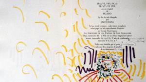 Dibujo del libro Trozo de piel Nº Inv. CE00019 © Pablo Picasso - Sucesión Picasso / VEGAP Madrid 2026 Dibujos garabateados en colores y un poema