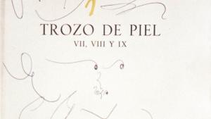 Dibujo del libro Trozo de piel Nº Inv. CE00019 © Pablo Picasso - Sucesión Picasso / VEGAP Madrid 2026 Título del libro donde se lee Trozo de piel y dibujo garabateado de un rostro