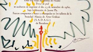Dibujo del libro Trozo de piel Nº Inv. CE00019 ©Pablo Picasso - Sucesión Picasso / VEGAP Madrid 2026 LetrAS de un poema y dibujos garabateados en colores de un poema