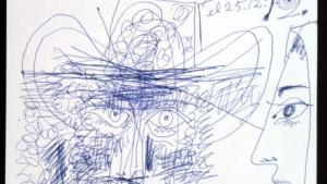 Rostro barbado con sombrero y retrato de Jacqueline Nº Inv. CE00020 © Pablo Picasso - Sucesión Picasso / VEGAP Madrid 2026 Dibujo garabateado en tinta azul con rostro barbado con sombrero y retrato de Jacqueline