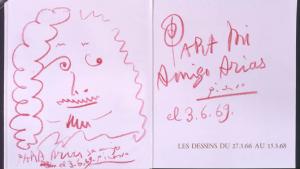Dibujo cabeza de mosquetero Nº Inv. CE00023 © Pablo Picasso - Sucesión Picasso / VEGAP Madrid 2026 Dibujo garabateado de un rostro y dedicatoria Para mi amigo Arias