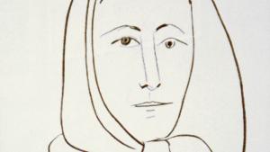 Litografía La Española o Retrato de la madre de Eugenio Arias Nº Inv. CE00037 © Pablo Picasso - Sucesión Picasso / VEGAP Madrid 2026 Dibujo de una señora con pañuelo en la cabeza en blanco y negro