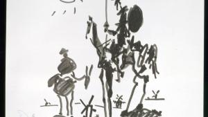 Cartel escena de Quijote y dibujo Nº Inv. CE00043 © Pablo Picasso - Sucesión Picasso / VEGAP Madrid 2026 Cartel con escena quijotesca en blanco y negro