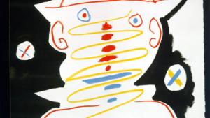 Litografía Carnaval de Niza Nº Inv. CE00046 © Pablo Picasso - Sucesión Picasso / VEGAP Madrid 2026 Dibujo garabateado de un rostro de payaso con líneas y círculos de colores