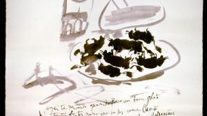 Dibujo Toritos fritos Nº Inv. CE00048 © Pablo Picasso - Sucesión Picasso / VEGAP Madrid 2026 Dibujo de una mesa con vajilla y en un plato siluetas de toros bravos