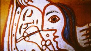 Cartel El pintor y la modelo Nº Inv. CE00051 © Pablo Picasso - Sucesión Picasso / VEGAP Madrid 2026 Dibujo cubista de una mujer de perfil y otro personaje
