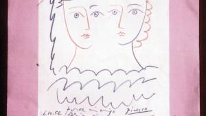 Calendario de la Association France - Espagne Nº Inv. CE00052 © Pablo Picasso - Sucesión Picasso / VEGAP Madrid 2026 Dibujo de un rostro doble y una paloma