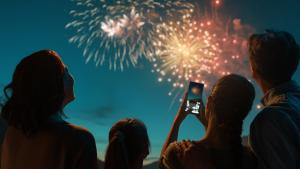 Familia de espaldas viendo fuegos artificiales de noche y pirotecnia