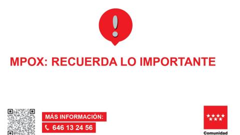 tarjeta con aviso de exclamación sobre círculo rojo y leyenda "Mpox: recuerda lo importante"
