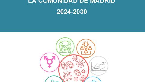 círculos con símbolos de análisis, prevención, estudios y medicación alrededor de virus de enfermedades