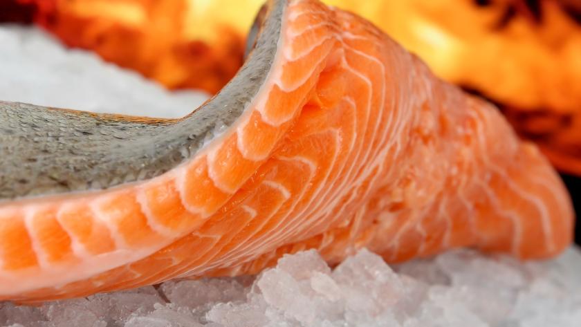 Rodaja de salmón sobre hielo y con fondo de una brasa