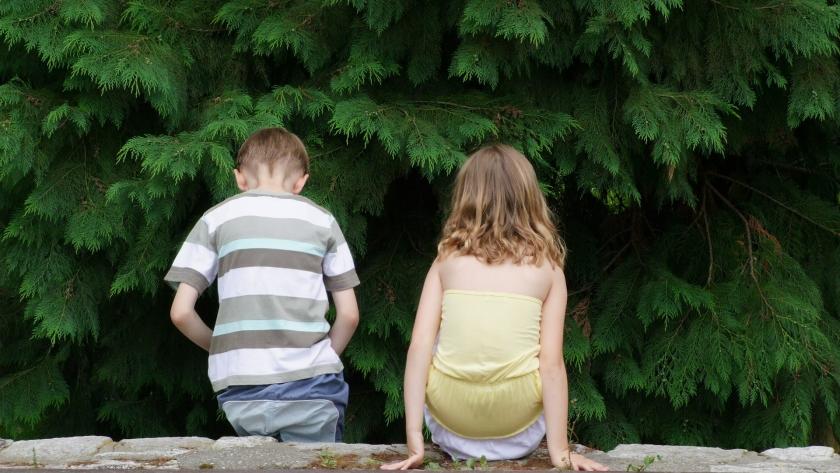 Dos niños de espaldas en el bosque