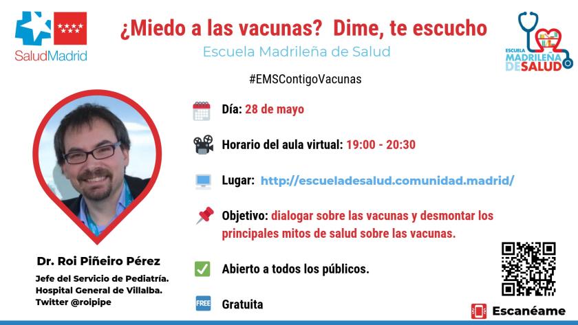 Folleto de la Escuela Madrileña de Salud sobre sesión virtual de vacunas
