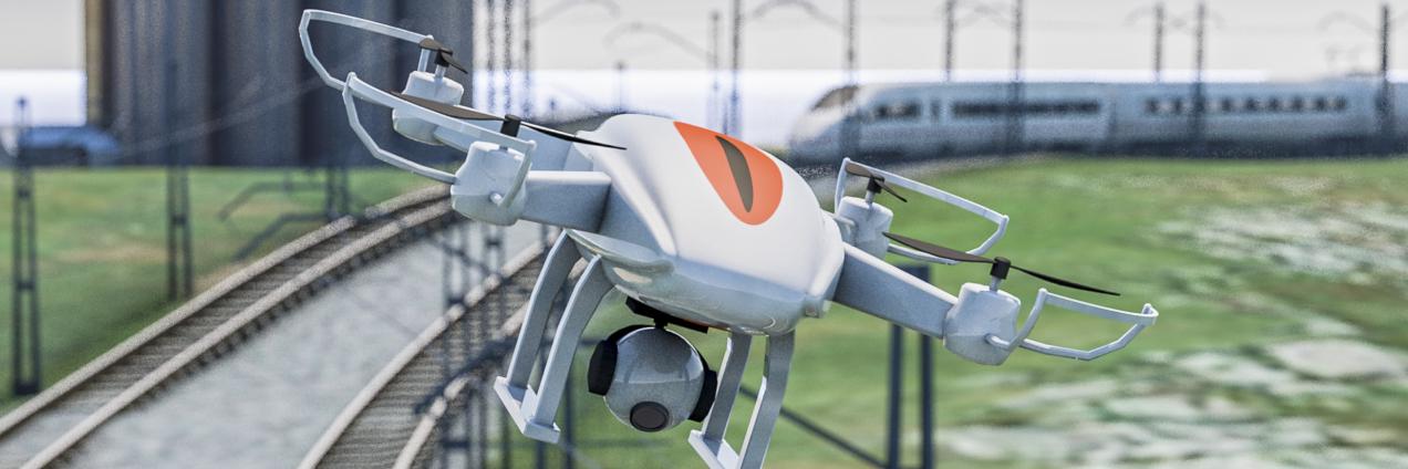 Dron sobre vías de un tren. ESA BIC Sigmarail drone
