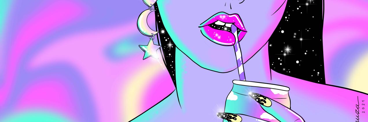 Chica bebiendo de una lata sobre fondo de colores