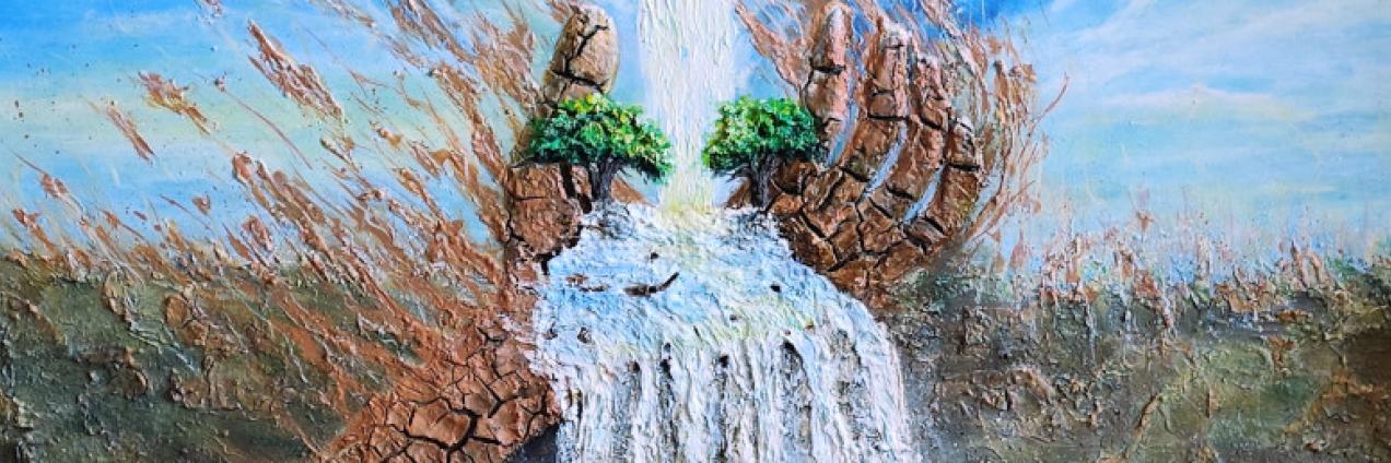 Pintura que muestra dos manos que salen del cielo sobre el mar 