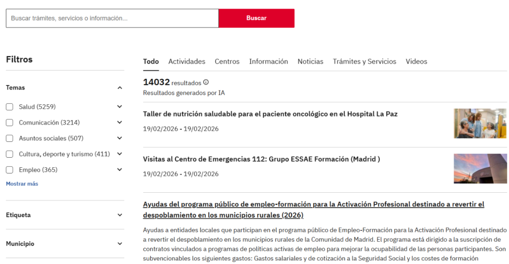 Imagen de las diferentes opciones de búsquedas en comunidad.madrid
