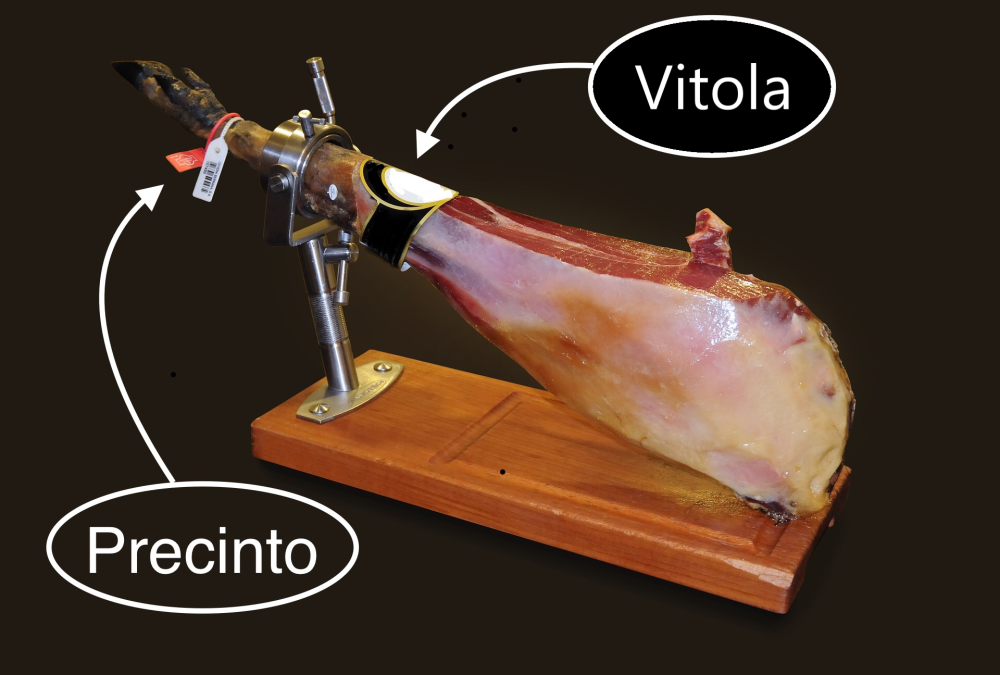 Jamón en jamonero con indicación de dónde está la vitola y el precinto