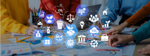 Imagen de personas e infografía con iconos de evaluación ambiental