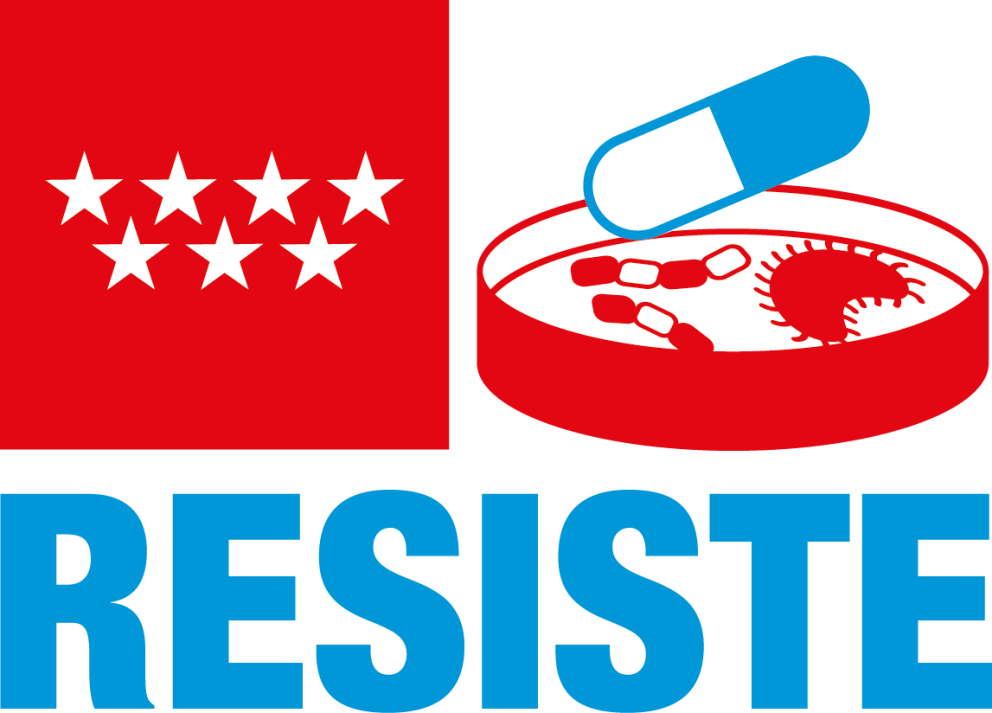 Logo con la bandera de la Comunidad de Madrid, la  palabra RESISTE y una placa de cultivo de bacterias