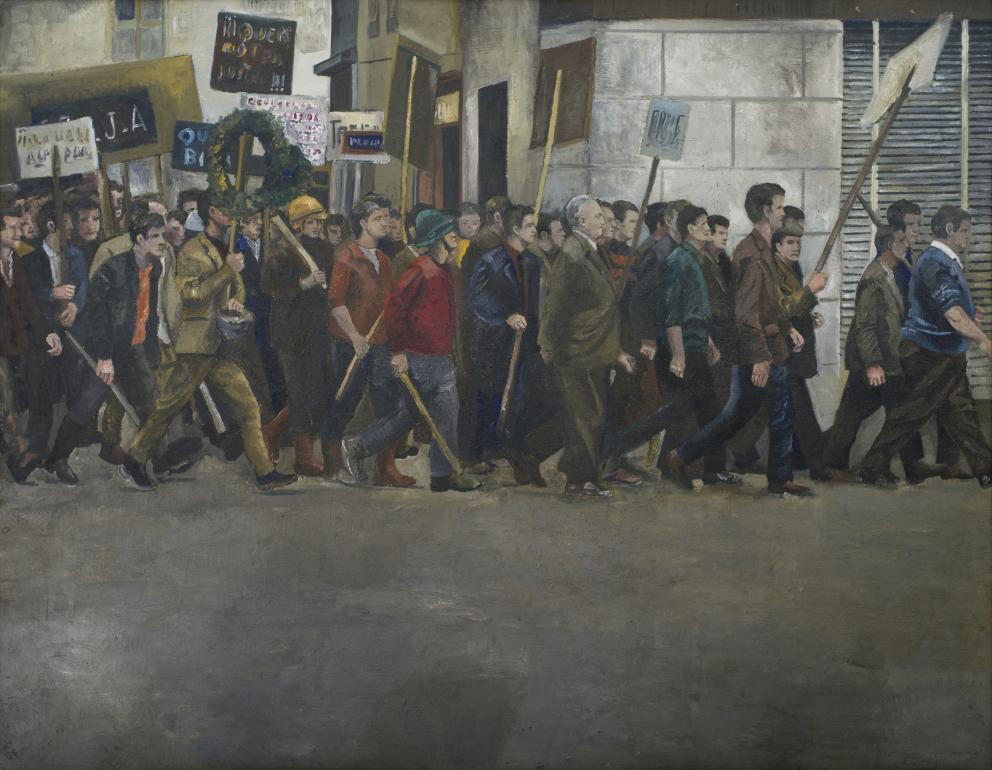 Pintura de un grupo de hombres con cascos, palos y pancartas en una manifestación