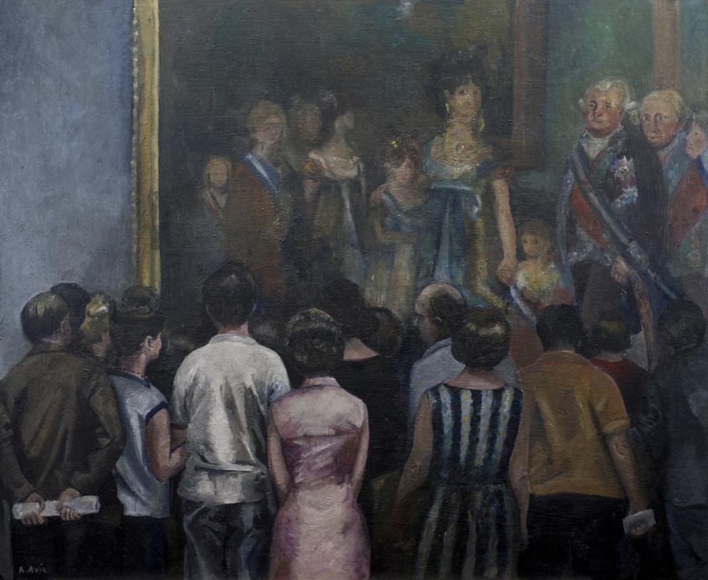 Pintura de un grupo de personas de espalada mirando un cuadro que representa a la familia del Rey Carlos IV