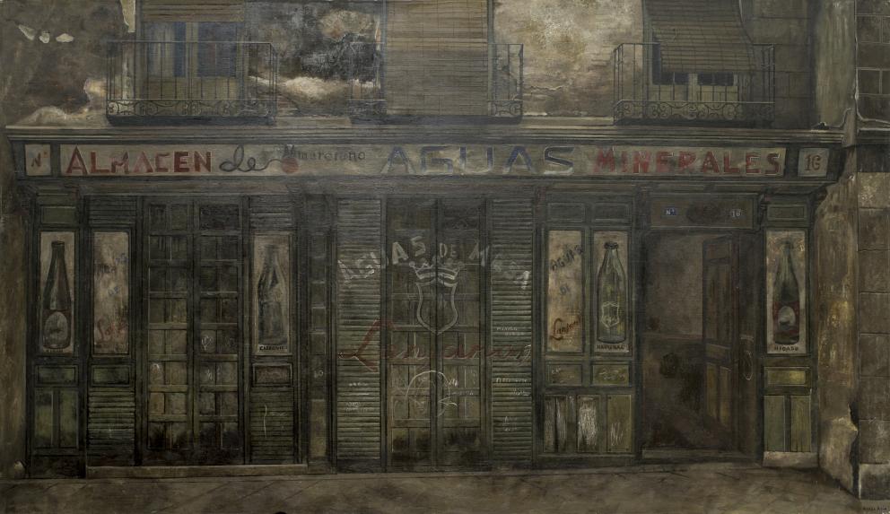 Pintura de una fachada de un comercio donde se lee “Almacén de aguas minerales”
