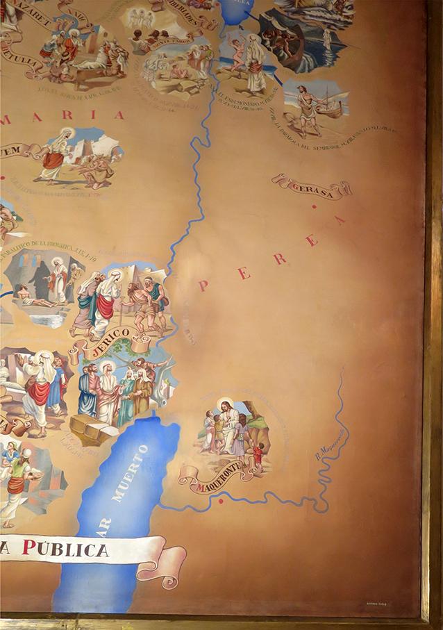 pintura mural representando un mapa de Jericó y el Mar Muerto y escenas con personajes masculinos
