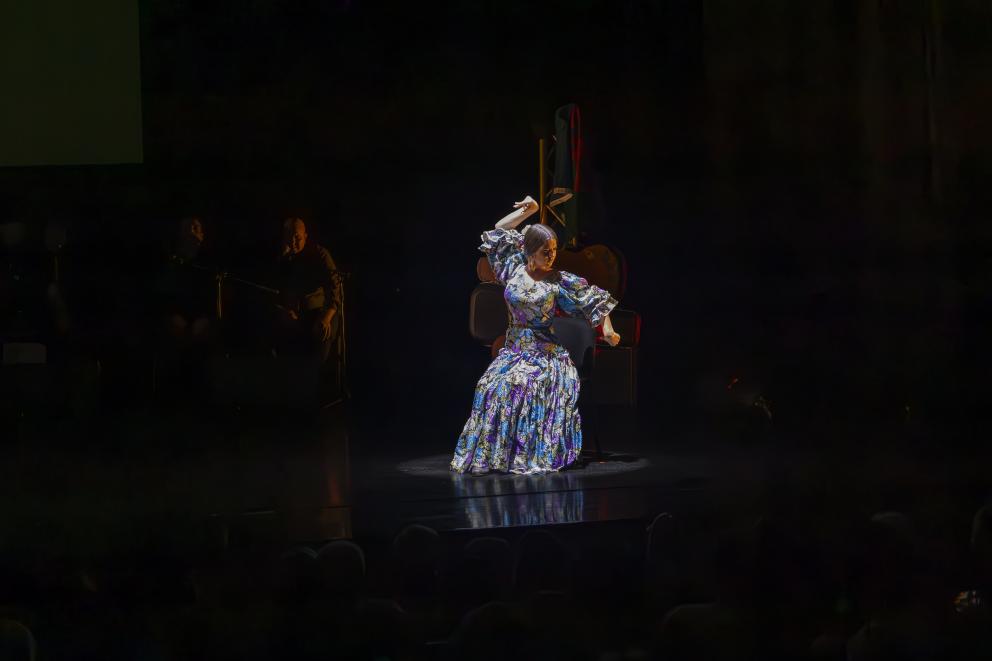 mujer con vestido con volantes baila con los brazos en alto en un escenario