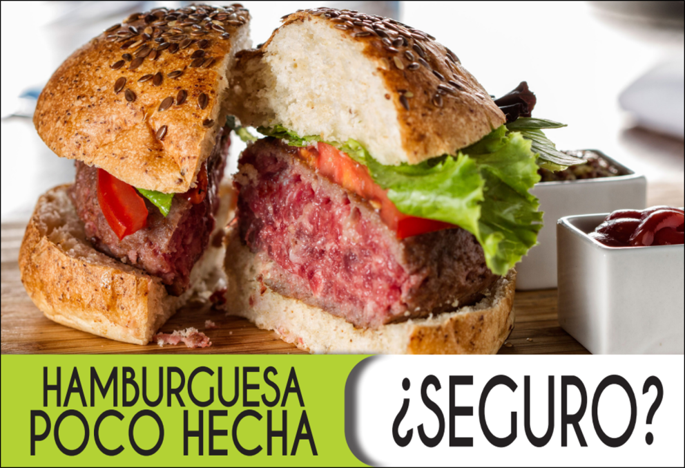 Hamburguesa cortada por la mitad donde se ve que la carne está poco hecha