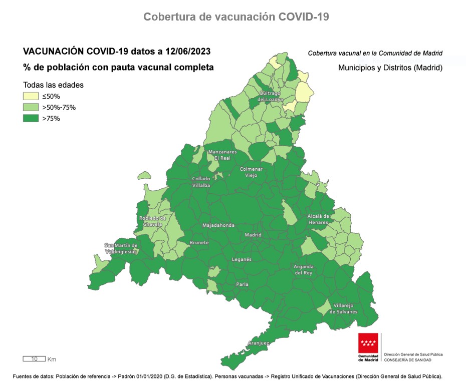 mapa de cobertura de vacunación COVID-19 en la Comunidad de Madrid