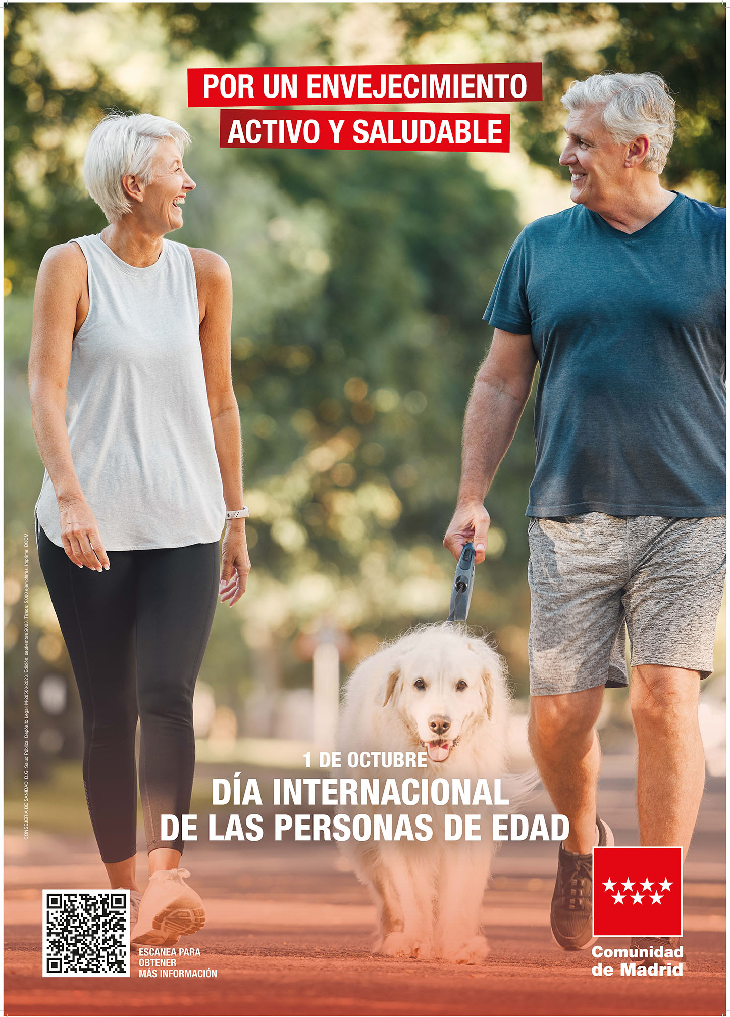 Cartel Dia Internacional Personas Mayores 2023 pareja personas mayores paseando al perro
