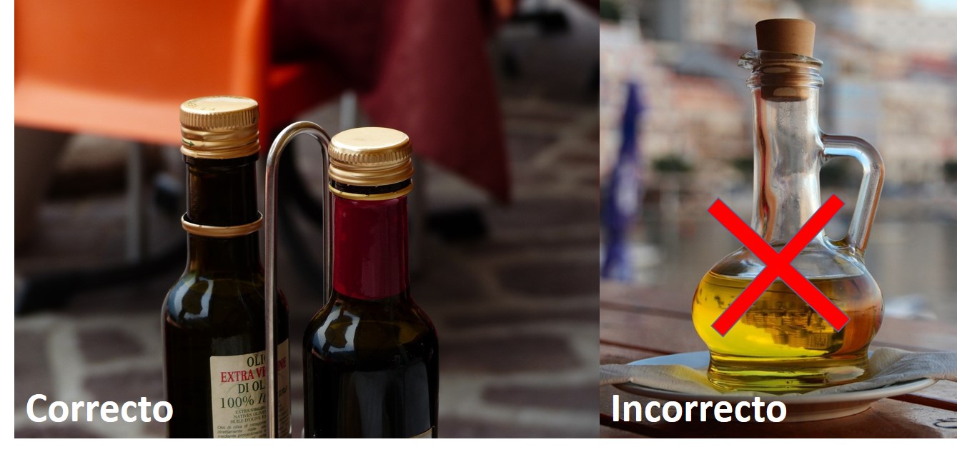 Presentaciones de aceite de oliva en restauración en botella a la izquierda y a granel a la derecha