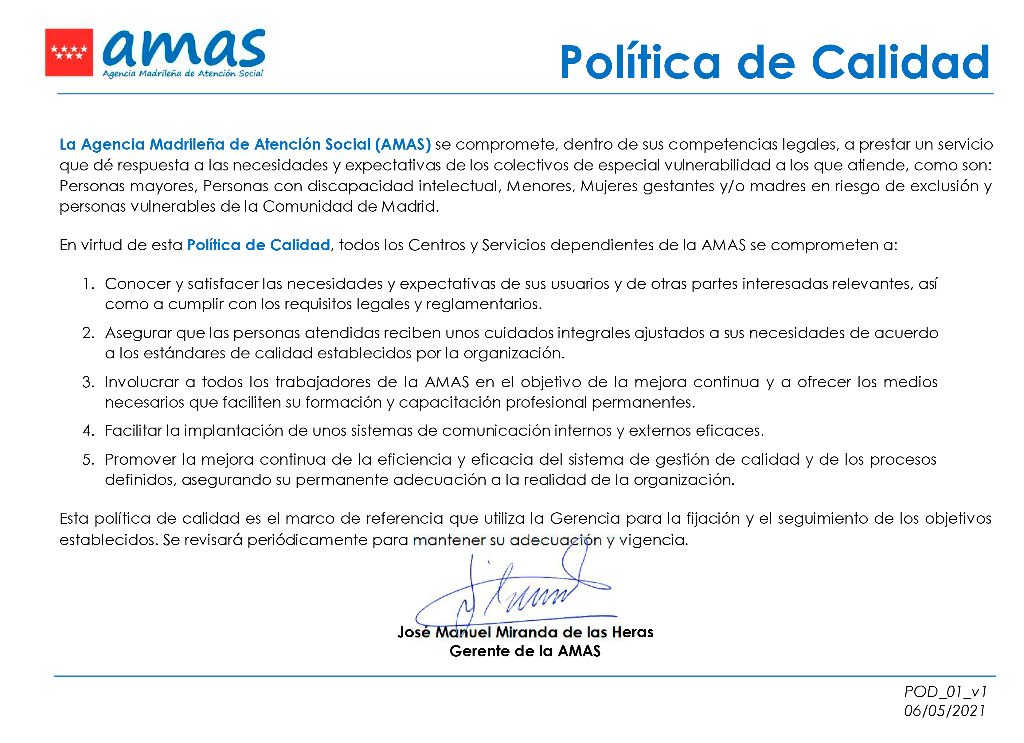 Política de Calidad AMAS