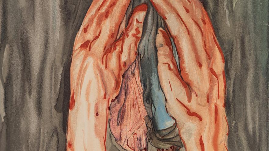 SALVADOR DALÍ. En las manos de Anteo (Suite de la Divina Comedia), 1964. Xilografía en color sobre papel Manos sosteniendo dos figuras humanas que están bocabajo