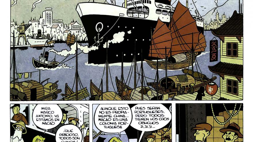 Viñetas de un cómic con escenas en un puerto